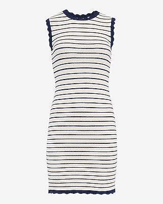 Cotton Striped Crew Neck Scalloped Mini Sweater Dress