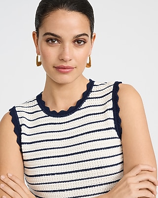 Cotton Striped Crew Neck Scalloped Mini Sweater Dress