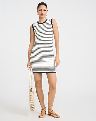 Cotton Striped Crew Neck Scalloped Mini Sweater Dress