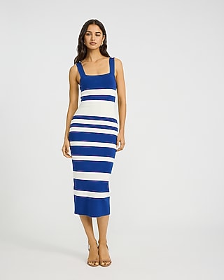 Striped Square Neck Midi Sheath Sweater Dress