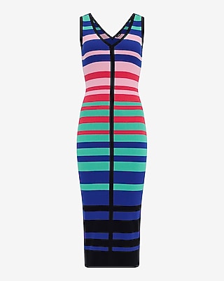 Color Block Striped V-Neck Midi Sweater Dress