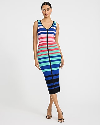 Color Block Striped V-Neck Midi Sweater Dress