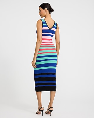 Color Block Striped V-Neck Midi Sweater Dress