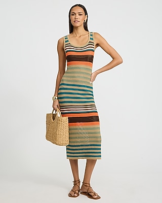 Cotton Crochet Striped Scoop Neck Midi Sweater Sheath Dress | Express