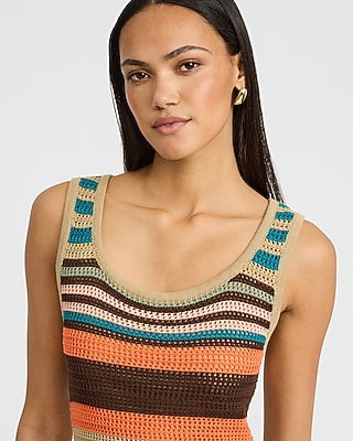 Cotton Crochet Striped Scoop Neck Midi Sweater Sheath Dress