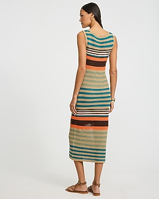 Cotton Crochet Striped Scoop Neck Midi Sweater Sheath Dress