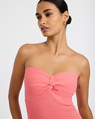 Pointelle Strapless Twist Front Midi Sweater Dress