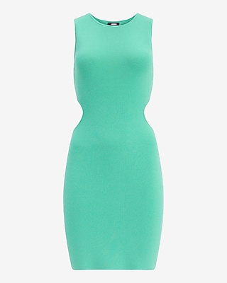 Ribbed Crew Neck Side Cutout Mini Sweater Dress