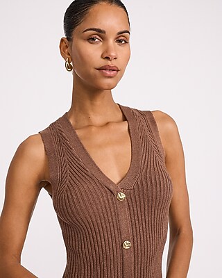 Ribbed V-Neck Gold Button Front Mini Sweater Dress
