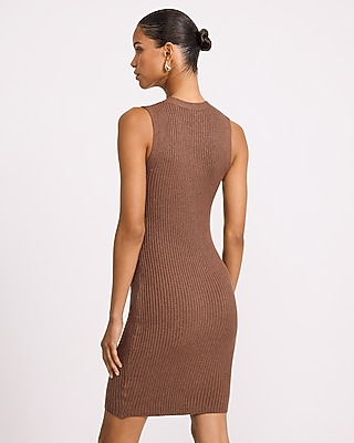 Ribbed V-Neck Gold Button Front Mini Sweater Dress