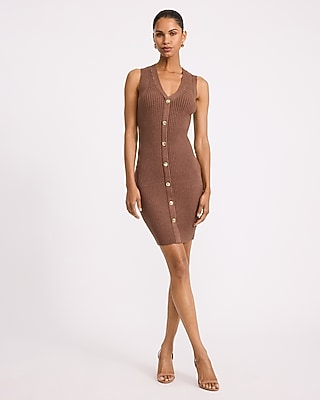 Ribbed V-Neck Gold Button Front Mini Sweater Dress