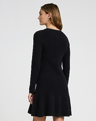 Long Sleeve Novelty Button Ruffle Mini Sweater Dress