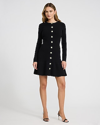 Long Sleeve Novelty Button Ruffle Mini Sweater Dress