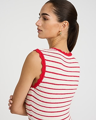 Cotton Textured Striped Crew Neck Scalloped Midi Sweater Dress