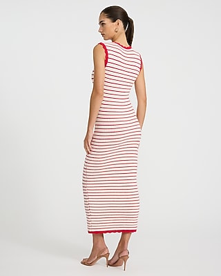 Cotton Textured Striped Crew Neck Scalloped Midi Sweater Dress