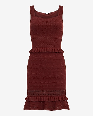Cotton Pointelle Scoop Neck Ruffle Trim Mini Sweater Dress