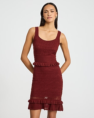 Cotton Pointelle Scoop Neck Ruffle Trim Mini Sweater Dress