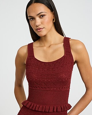 Cotton Pointelle Scoop Neck Ruffle Trim Mini Sweater Dress