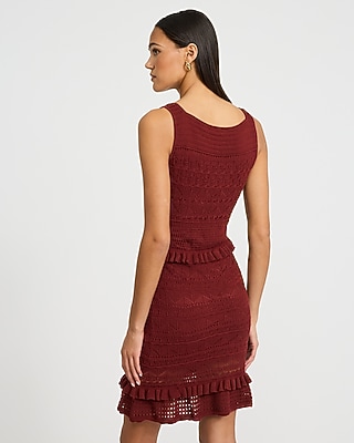 Cotton Pointelle Scoop Neck Ruffle Trim Mini Sweater Dress