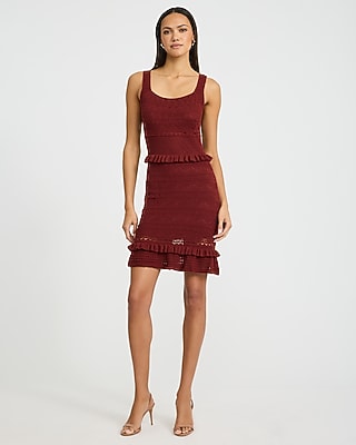 Cotton Pointelle Scoop Neck Ruffle Trim Mini Sweater Dress