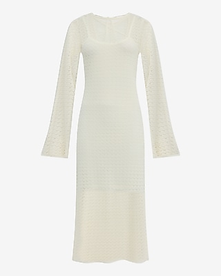 Pointelle Crew Neck Long Sleeve Lace Up Midi Sheath Dress