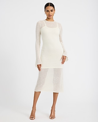 Pointelle Crew Neck Long Sleeve Lace Up Midi Sheath Dress