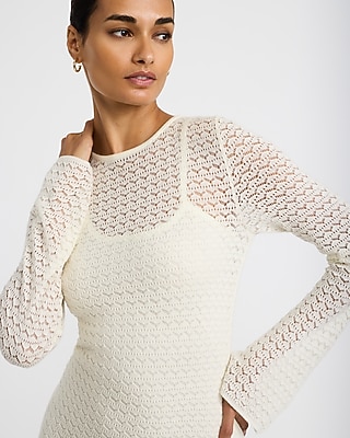 Pointelle Crew Neck Long Sleeve Lace Up Midi Sheath Dress