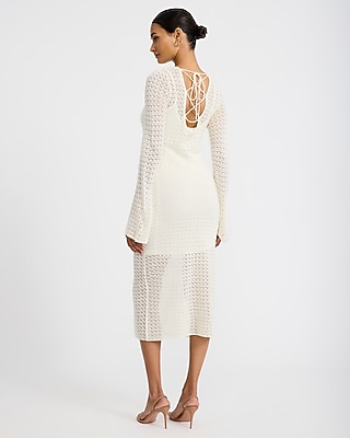 Pointelle Crew Neck Long Sleeve Lace Up Midi Sheath Dress
