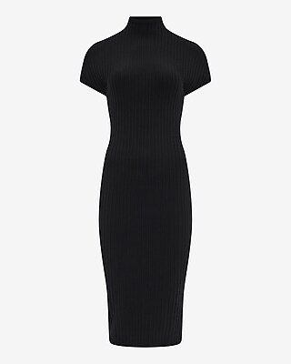 Ribbed Mock Neck Short Sleeve Midi Sweater Dress