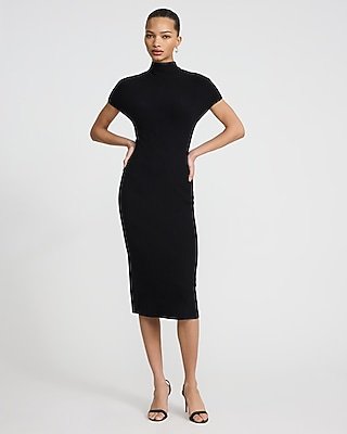 Ribbed Mock Neck Short Sleeve Midi Sweater Dress