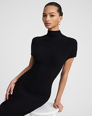 Ribbed Mock Neck Short Sleeve Midi Sweater Dress