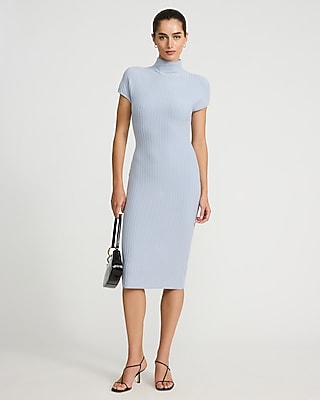 Ribbed Mock Neck Short Sleeve Midi Sweater Dress