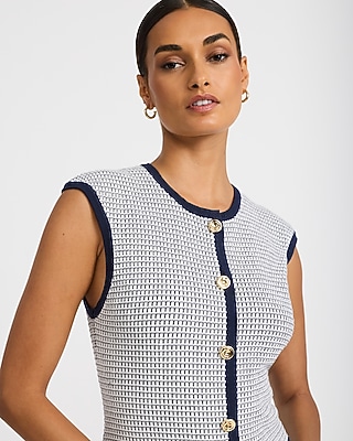 Tipped Crew Neck Novelty Button Front Mini Sweater Dress