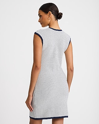 Tipped Crew Neck Novelty Button Front Mini Sweater Dress