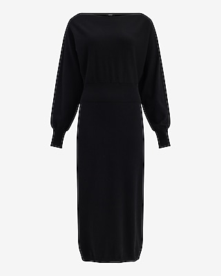 Boat Neck Dolman Sleeve Ribbed Waist Midi Sweater Dress