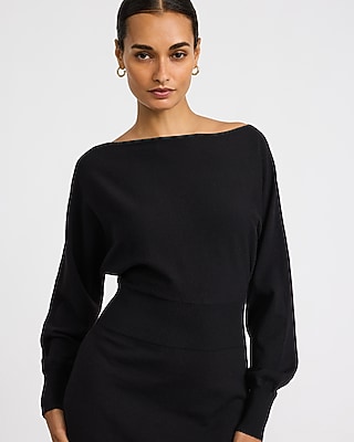 Boat Neck Dolman Sleeve Ribbed Waist Midi Sweater Dress