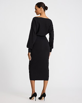 Boat Neck Dolman Sleeve Ribbed Waist Midi Sweater Dress