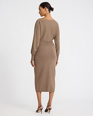 Boat Neck Dolman Sleeve Ribbed Waist Midi Sweater Dress