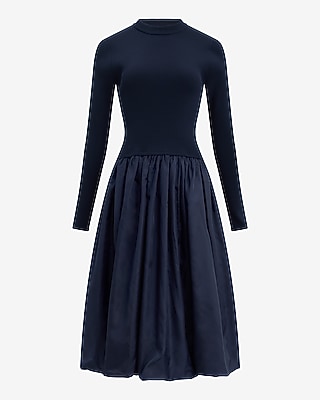 Mixed Media Drop Waist Bubble Hem Midi Dress with Pockets - thumbnail 4