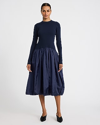Mixed Media Drop Waist Bubble Hem Midi Dress with Pockets