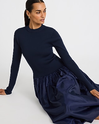 Mixed Media Drop Waist Bubble Hem Midi Dress with Pockets - thumbnail 2