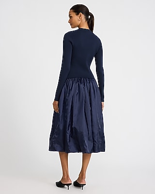 Mixed Media Drop Waist Bubble Hem Midi Dress with Pockets - thumbnail 3