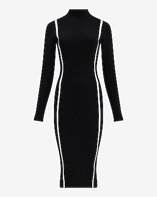 Color Block Mock Neck Long Sleeve Midi Sweater Dress Airy Soft