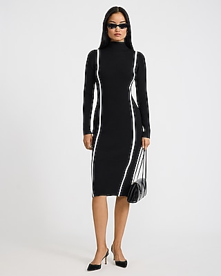 Color Block Mock Neck Long Sleeve Midi Sweater Dress Airy Soft