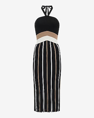 Striped Halter Fringe Sheath Midi Dress