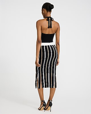 Striped Halter Fringe Sheath Midi Dress