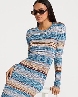 Ribbed Striped Crew Neck Long Sleeve Midi Sweater Dress