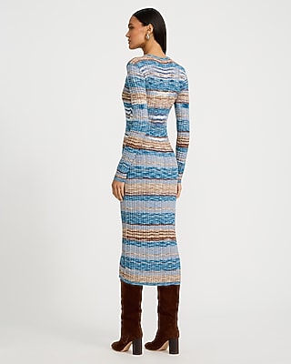 Ribbed Striped Crew Neck Long Sleeve Midi Sweater Dress