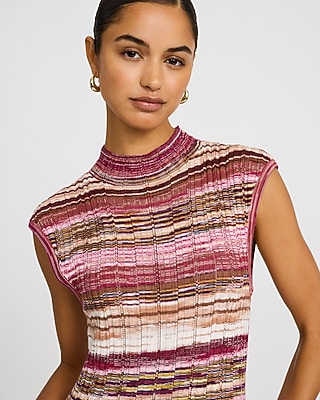 Striped Mock Neck Cap Sleeve Midi Sweater Dress