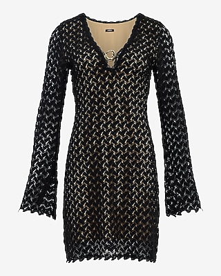 Crochet V-Neck Long Sleeve Gold Hardware Mini Sheath Dress